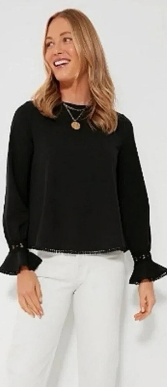 Pomander Place Black Palmer Blouse Bell Sleeve Lace Trim size S small
